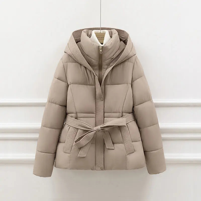 2026 New Winter Jacket Women Warm Parkas Long Sleeve Tops Casual Cotton Padded Jackets Belt Black Brown Hooded Outwear Female