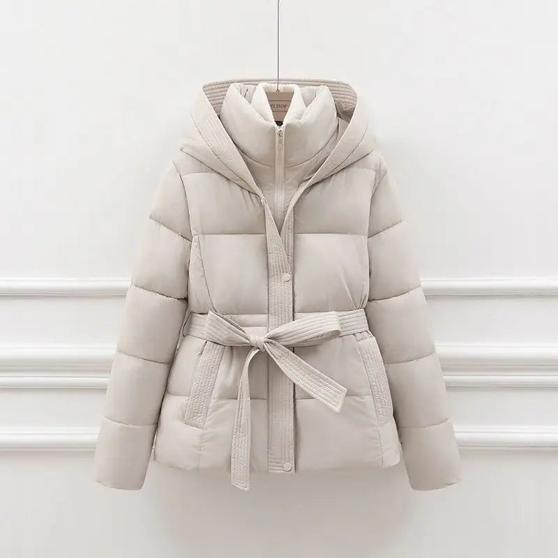 2026 New Winter Jacket Women Warm Parkas Long Sleeve Tops Casual Cotton Padded Jackets Belt Black Brown Hooded Outwear Female