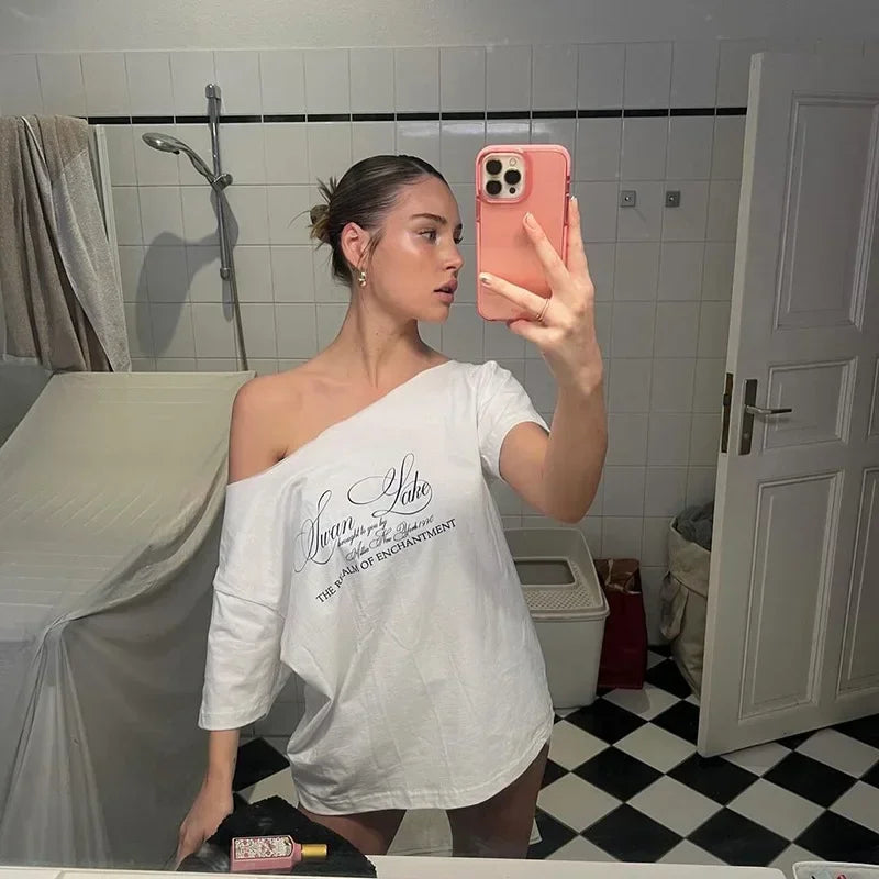 Oversized T Shirts For Women Streetwear Inclined Collar Y2k Top Letters Printing Camisetas Short Sleeve Ropa Mujer Summer Outfit