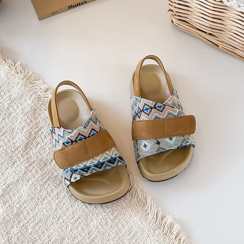 Summer Children Causal Sandals New Boho Toddler Beach Slippers for Girls Outdoor Daily Wear Non-slip Kids Retro Open-toe Sandals