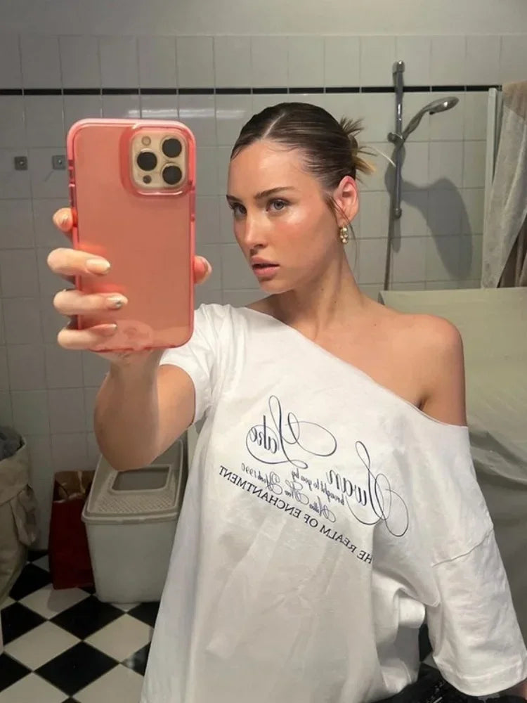 Oversized T Shirts For Women Streetwear Inclined Collar Y2k Top Letters Printing Camisetas Short Sleeve Ropa Mujer Summer Outfit