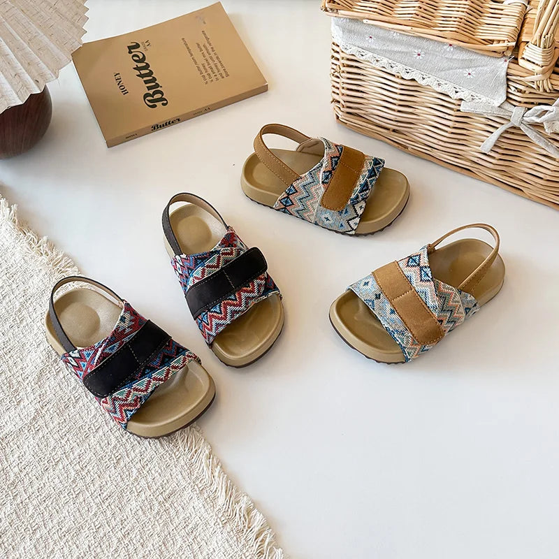 Summer Children Causal Sandals New Boho Toddler Beach Slippers for Girls Outdoor Daily Wear Non-slip Kids Retro Open-toe Sandals