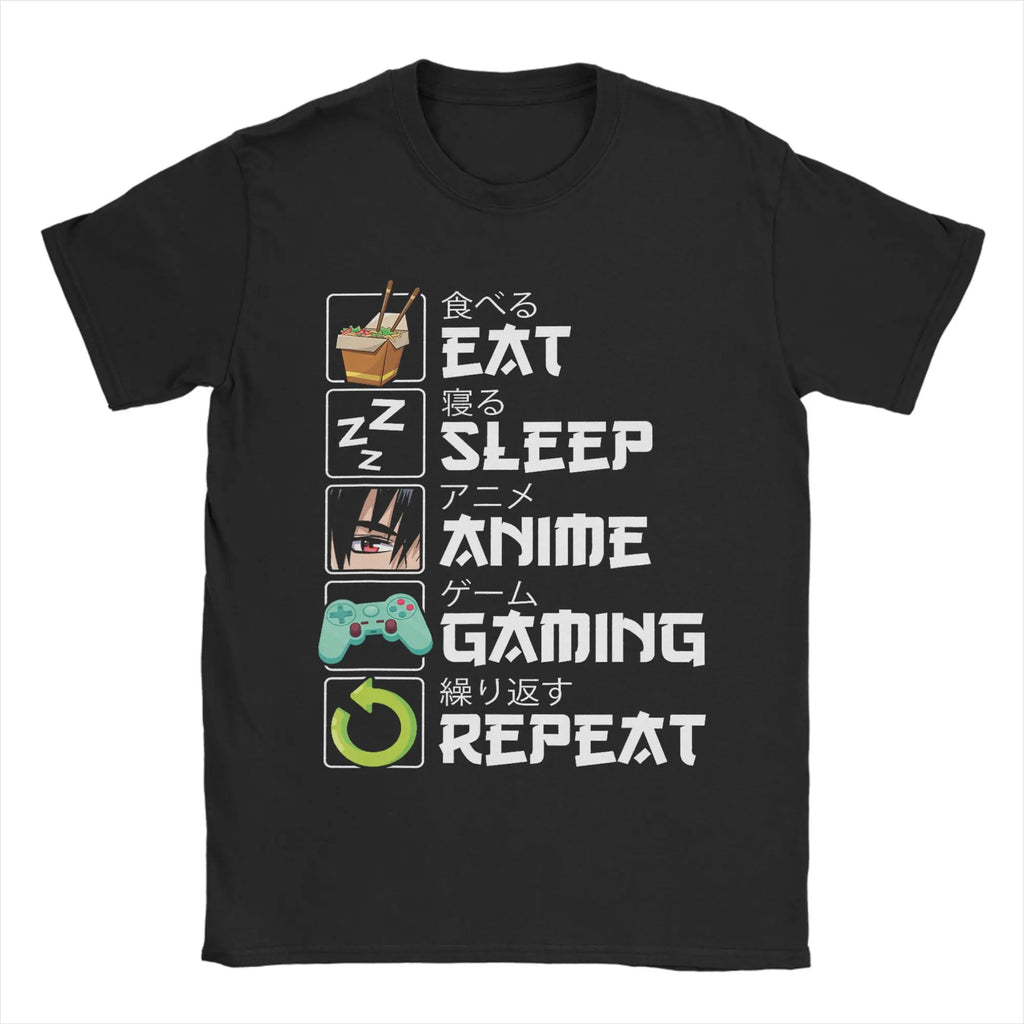 Oversized T Shirt Eat Sleep Anime Gaming Repeat Kawaii Otaku Anime Manga Cotton Tee Shirt for Men Summer Short Sleeve Tops