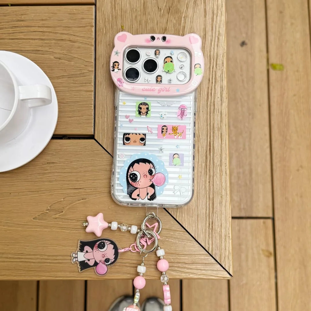 3D Cartoon Little  Girl Cute  Phone Case for iPhone 16 Pro 17 Pro Max 14 15 16 17 Cases With Chain Shockproof Cover