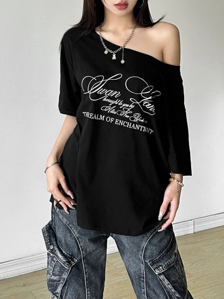Oversized T Shirts For Women Streetwear Inclined Collar Y2k Top Letters Printing Camisetas Short Sleeve Ropa Mujer Summer Outfit