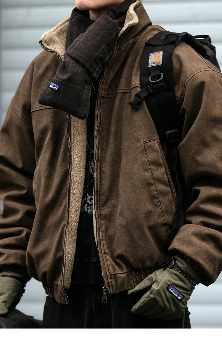 Winter Heavyweight Mens Jacket Japanese Vintage PU Coated Windproof Thick Fleece Lined Warm Distressed Streetwear Long Coat Male