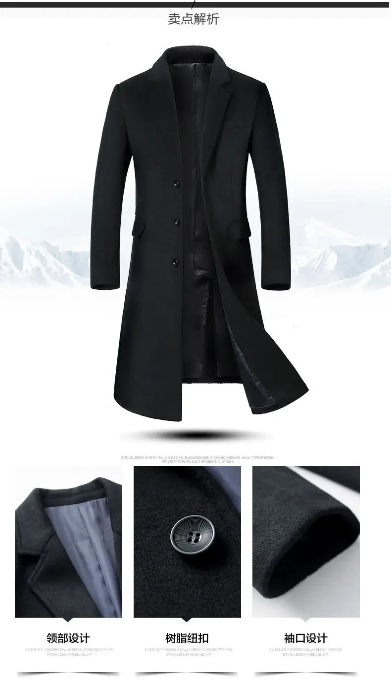 Winter Jacket Men Fashion Business Slim-fit British Style Solid Color Outdoor Cold Casual Trend Thickened Tweed Coat