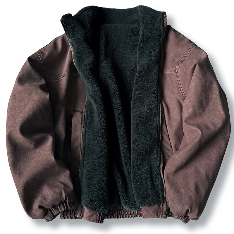 Winter Heavyweight Mens Jacket Japanese Vintage PU Coated Windproof Thick Fleece Lined Warm Distressed Streetwear Long Coat Male