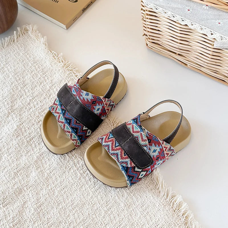 Summer Children Causal Sandals New Boho Toddler Beach Slippers for Girls Outdoor Daily Wear Non-slip Kids Retro Open-toe Sandals