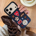 Korean Embroidered Cartoon Illustration Denim Phone Case For iPhone 17 16 Pro 15 14 13 Pro Max Cover Shockproof Cases Funda﻿