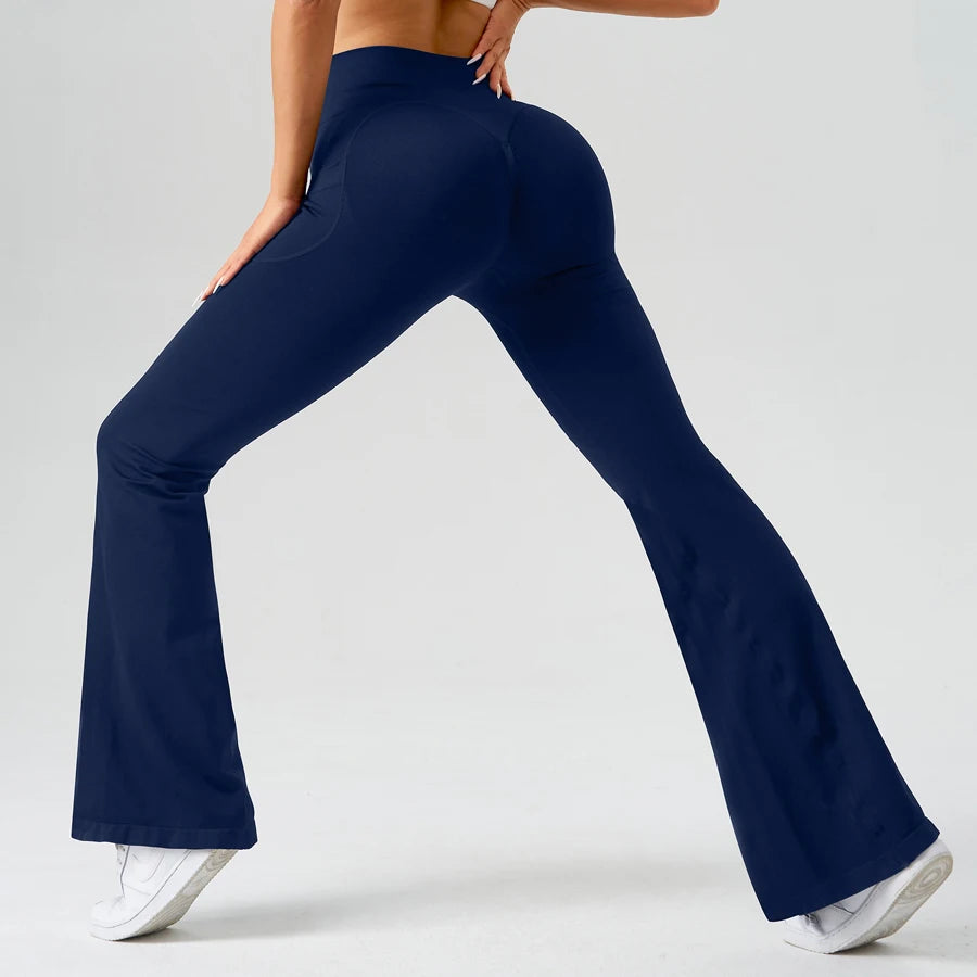 Flared Yoga Pants Women High Waist Bell Bottom Leggings Seamless Trousers w/Pockets Retro Gym Fitness Athleisure Wide Leg Pants
