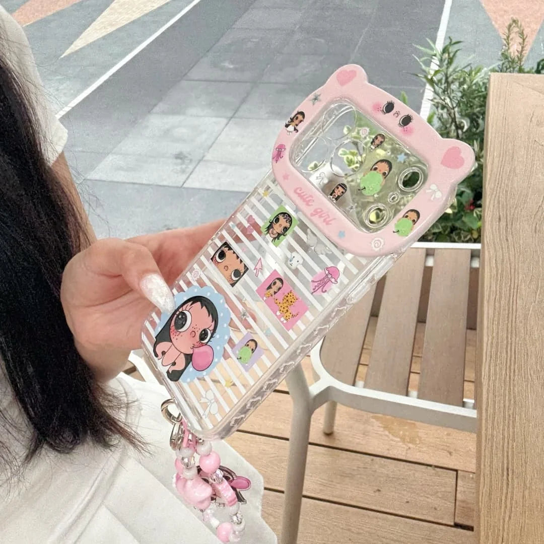 3D Cartoon Little  Girl Cute  Phone Case for iPhone 16 Pro 17 Pro Max 14 15 16 17 Cases With Chain Shockproof Cover