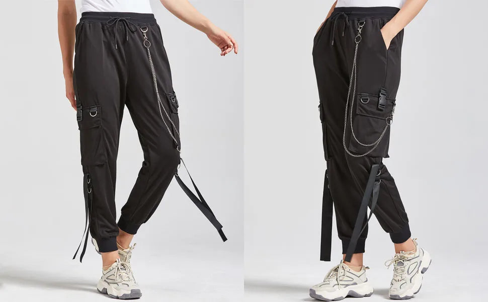 Black Cargo Pants for Women Techwear Female Goth Joggers with Chain Casual Trousers Hip Hop Sweaatpants Loose Street Rock Style