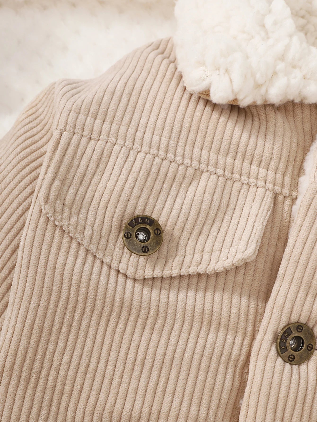 Girls' Winter Jacket - Beige/ Button-Front Coat with Plush Collar, Non-Stretchy Corduroy-like Texture, Easy Button Closure for