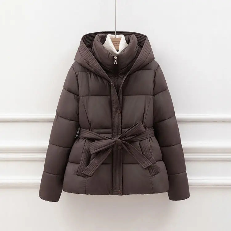 2026 New Winter Jacket Women Warm Parkas Long Sleeve Tops Casual Cotton Padded Jackets Belt Black Brown Hooded Outwear Female