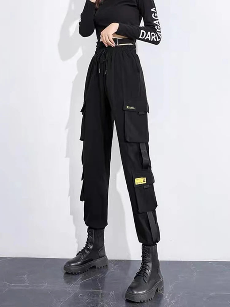 Women Cargo Pants  Harem Pants Fashion Punk Pockets Jogger Trousers With Chain Harajuku Elastics High Waist Streetwear