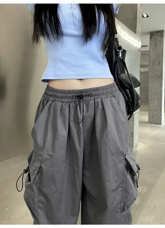 2025 Cargo Pants Women Retro Workwear Casual Baggy Straight Trousers Fashion Wide Leg Pockets Joggers Trousers Y2k Streetwear
