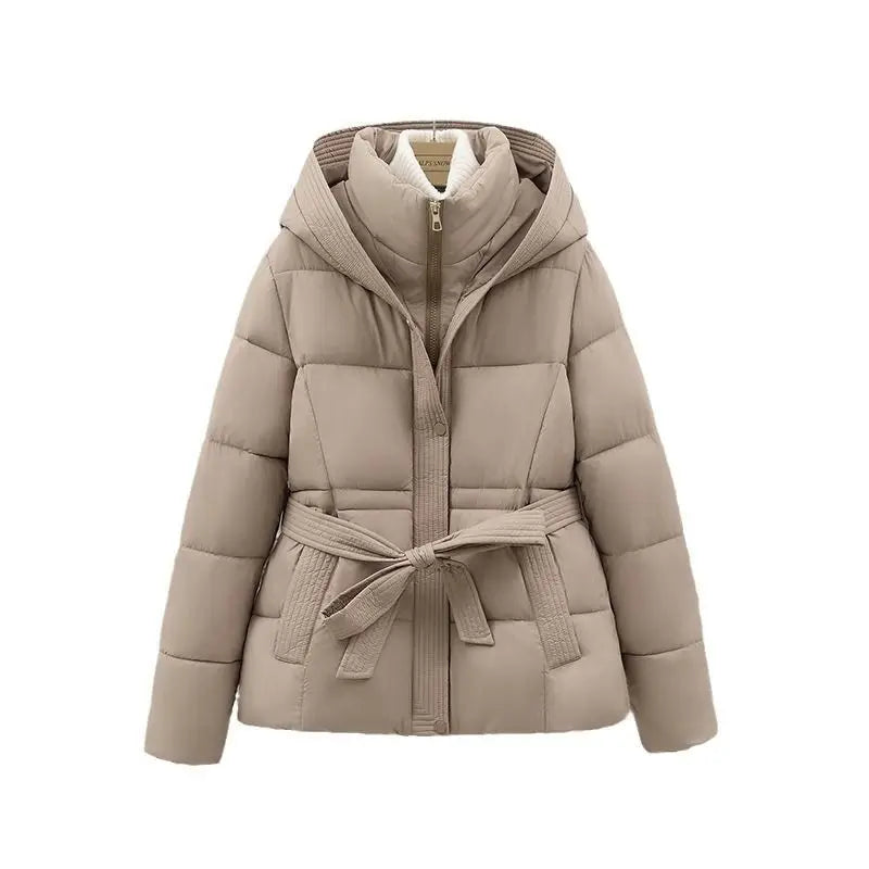 2026 New Winter Jacket Women Warm Parkas Long Sleeve Tops Casual Cotton Padded Jackets Belt Black Brown Hooded Outwear Female