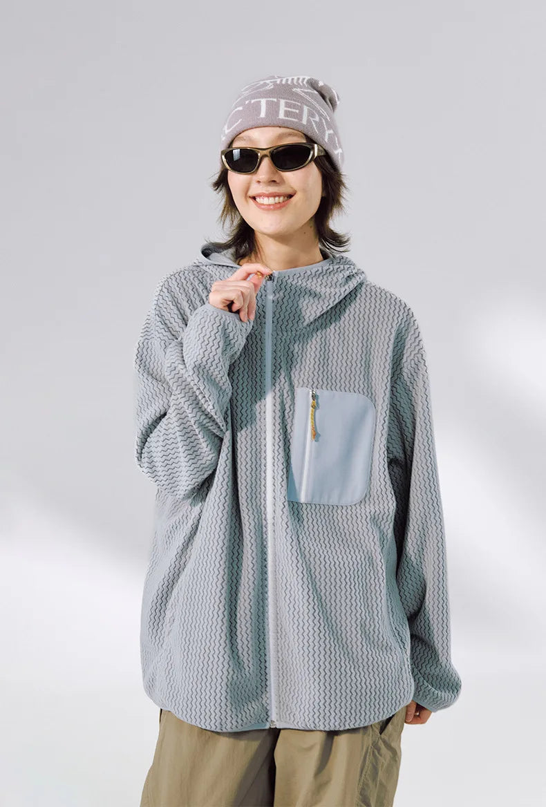 Winter Outdoor Windproof Wavy - Patterned Stand - Collar Zip - Up Jacket Unisex Loose-fitting Casual Warm Windproof Jacket.