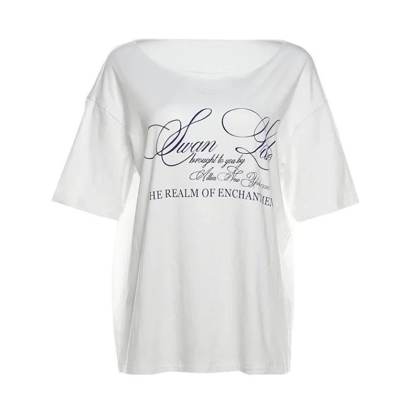 Oversized T Shirts For Women Streetwear Inclined Collar Y2k Top Letters Printing Camisetas Short Sleeve Ropa Mujer Summer Outfit