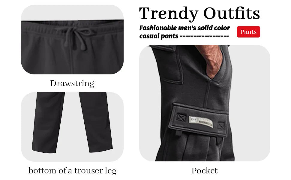 Men'S Cargo Pants Rope Loosening Waist Solid Color Pocket Trousers Comfortable Loose Sports Trousers Casual Wide Leg Pants