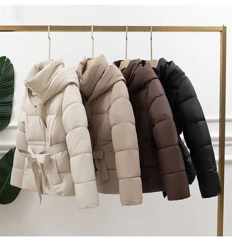 2026 New Winter Jacket Women Warm Parkas Long Sleeve Tops Casual Cotton Padded Jackets Belt Black Brown Hooded Outwear Female