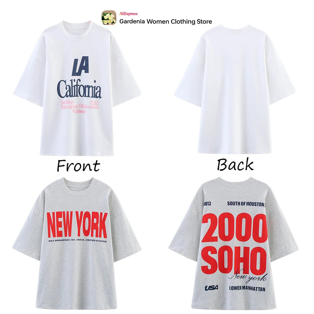 Aesthetic Oversized Text Print T-shirts for Women Casual O-Neck Tees with Contrasting Text Fashion Comfy Short Sleeves T-shirts