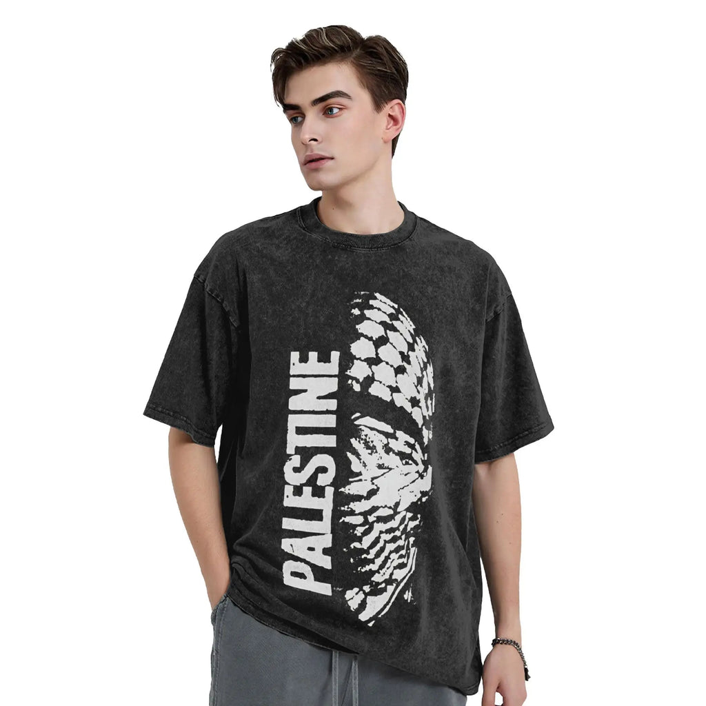 Oversized Washed T-Shirt Palestine Map  Cotton T Shirts  Novelty Tee Shirt for Men Summer Y2K Fun Print Clothing