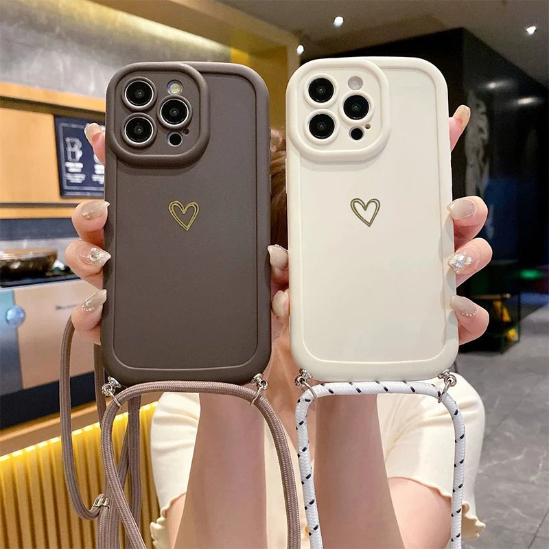 With Lanyard Love Phone Cases for IPhone 17 16 15 14 13 12 11 Pro Max Crossbody Silicone Back Cover
