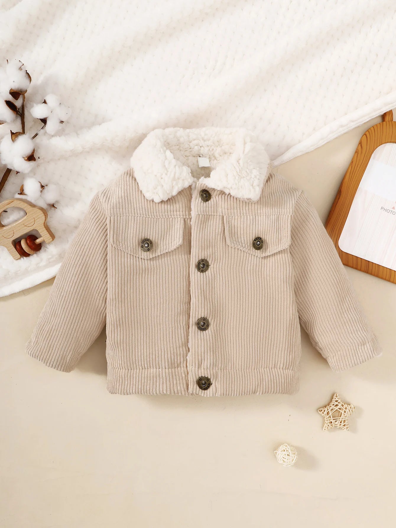 Girls' Winter Jacket - Beige/ Button-Front Coat with Plush Collar, Non-Stretchy Corduroy-like Texture, Easy Button Closure for