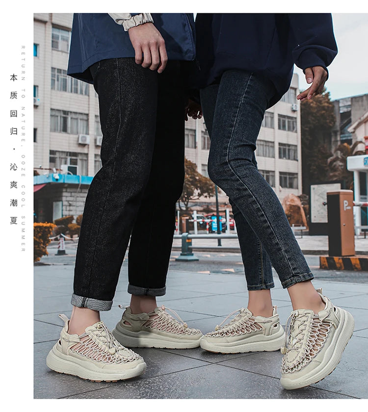 Summer Men Sandals Fashion Handmade Weaving Design Beach Sandals Breathable Casual Flat Sandals Outdoor Couples Sandals Size