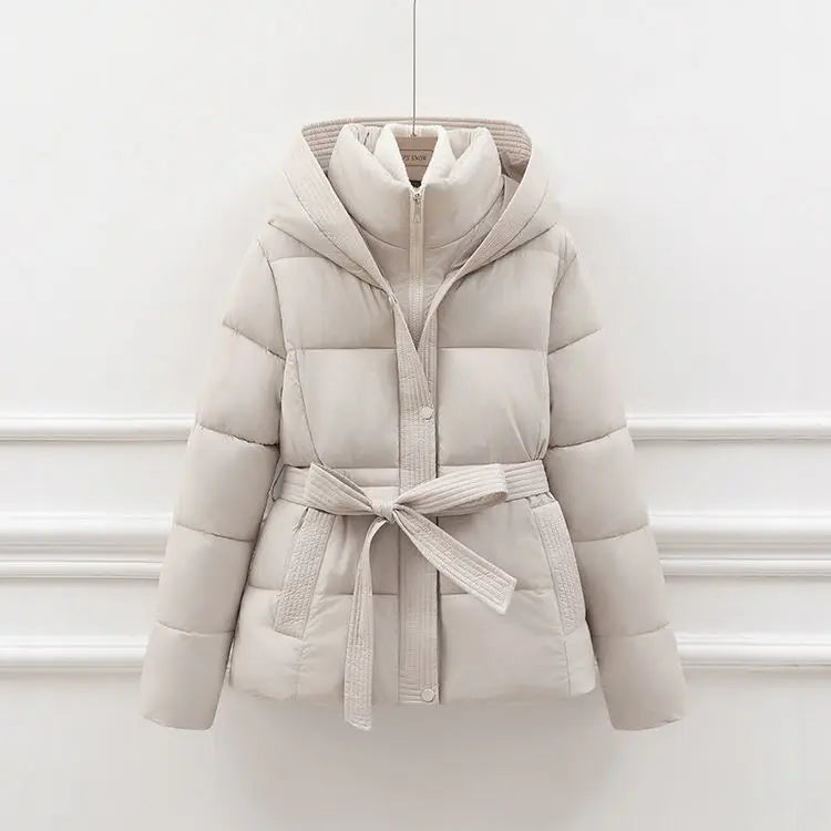 2026 New Winter Jacket Women Warm Parkas Long Sleeve Tops Casual Cotton Padded Jackets Belt Black Brown Hooded Outwear Female