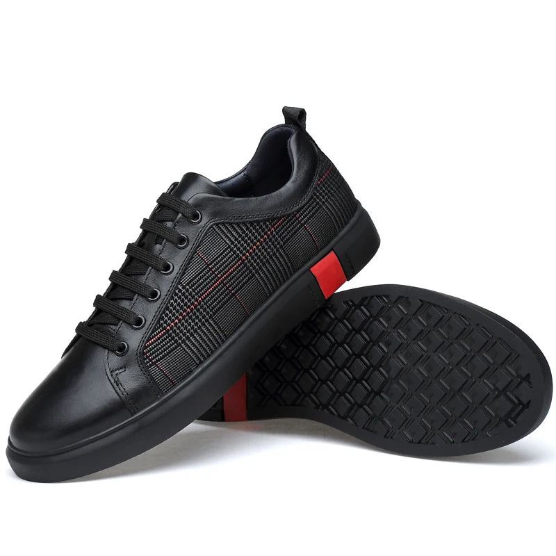 New Arrival Men Black Leather Plaid Panel Sneakers Luxury Style Lace Up Casual Shoes Non Slip Platform Walking Footwear