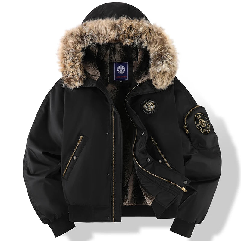Winter Men's Black Padded Jacket Removable Hood Durable Windproof Fabric Embroidery Decorative Side Pockets Sleeve Zipper