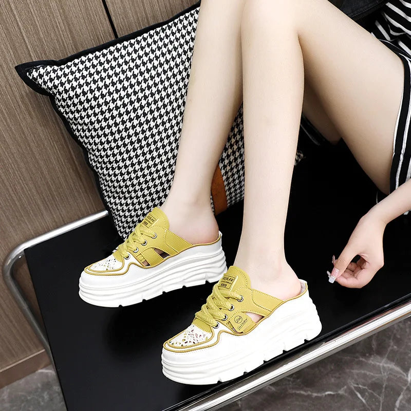 Summer New Women's Sandals Fashion Breathable Increase Baotou Semi-slippers Women Small White Shoe Sexy Dress Sandals Zapatillas