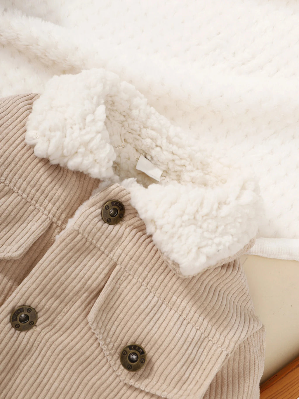 Girls' Winter Jacket - Beige/ Button-Front Coat with Plush Collar, Non-Stretchy Corduroy-like Texture, Easy Button Closure for