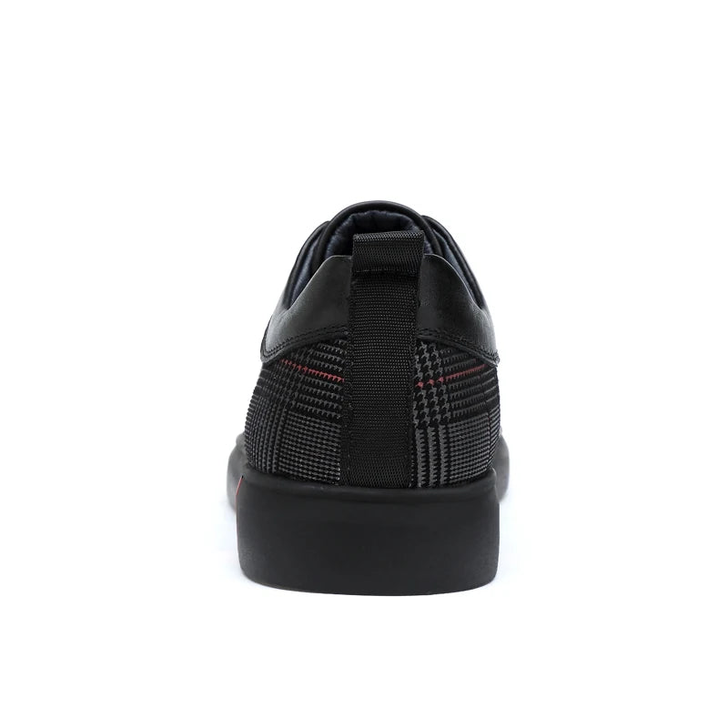 New Arrival Men Black Leather Plaid Panel Sneakers Luxury Style Lace Up Casual Shoes Non Slip Platform Walking Footwear