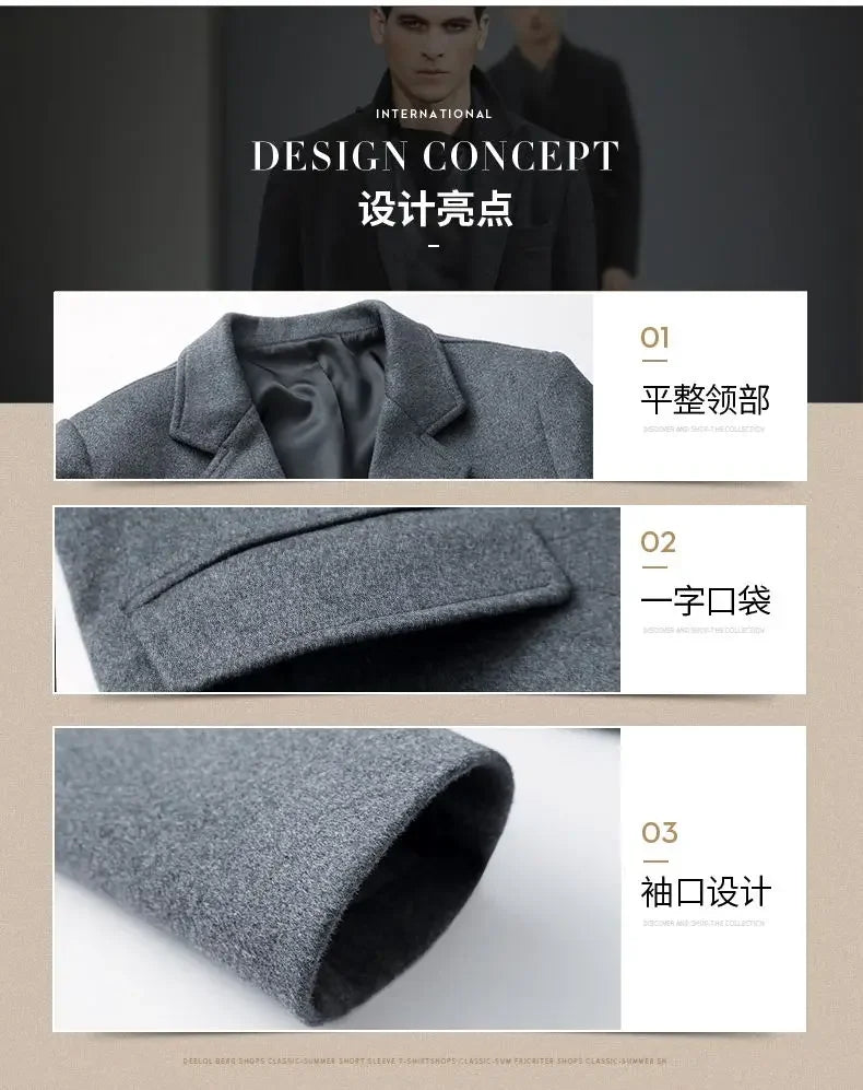 Winter Jacket Men Fashion Business Slim-fit British Style Solid Color Outdoor Cold Casual Trend Thickened Tweed Coat