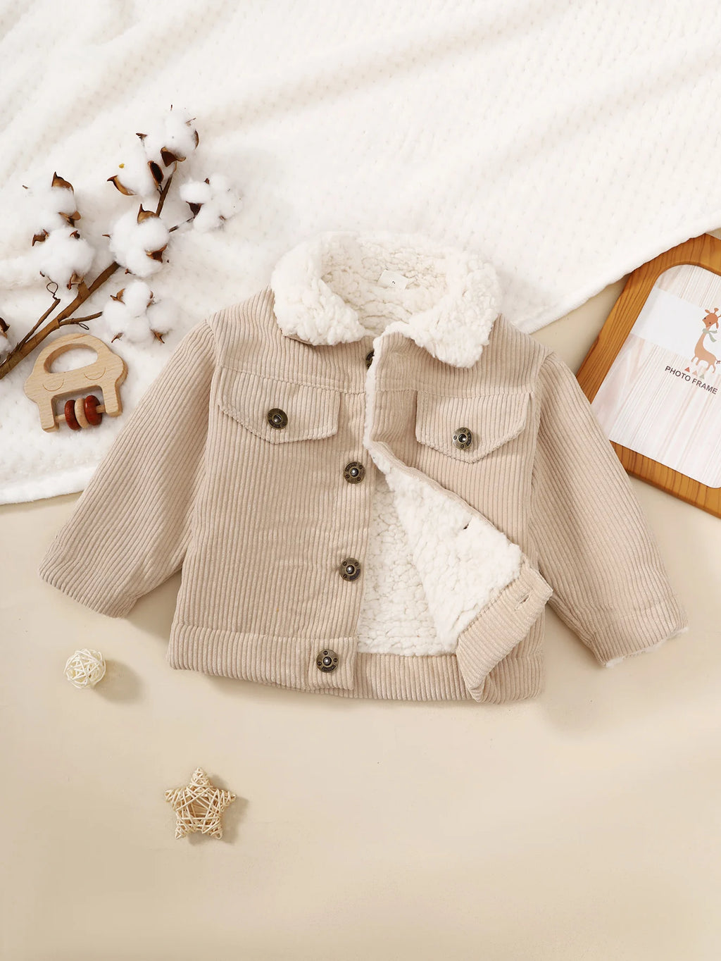 Girls' Winter Jacket - Beige/ Button-Front Coat with Plush Collar, Non-Stretchy Corduroy-like Texture, Easy Button Closure for