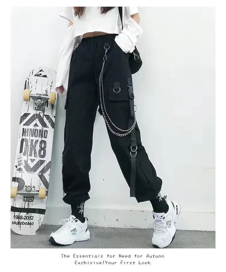 Black Cargo Pants for Women Techwear Female Goth Joggers with Chain Casual Trousers Hip Hop Sweaatpants Loose Street Rock Style
