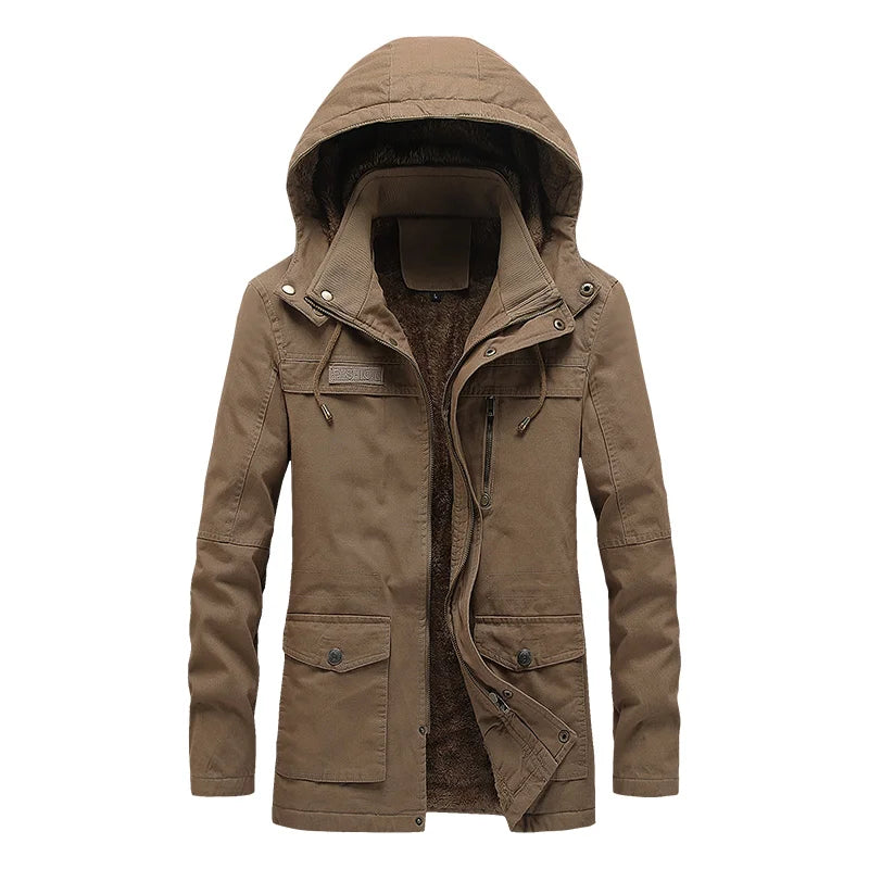 Winter Fleece Jackets Men Hooded Warm Thick Parkas Male Multi Pocket Cargo Jacket Coats Fashion Casual Outerwear Mens Clothing