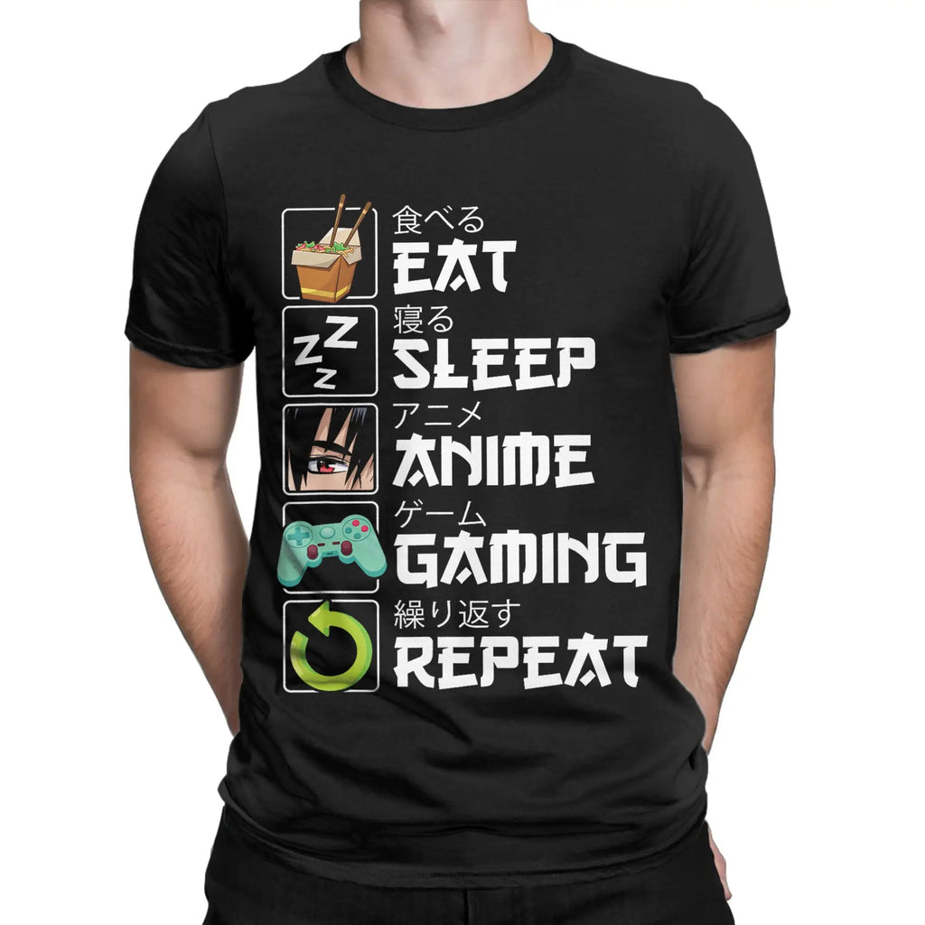 Oversized T Shirt Eat Sleep Anime Gaming Repeat Kawaii Otaku Anime Manga Cotton Tee Shirt for Men Summer Short Sleeve Tops