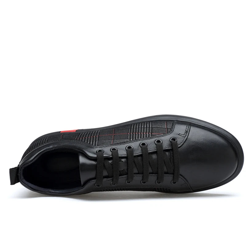 New Arrival Men Black Leather Plaid Panel Sneakers Luxury Style Lace Up Casual Shoes Non Slip Platform Walking Footwear