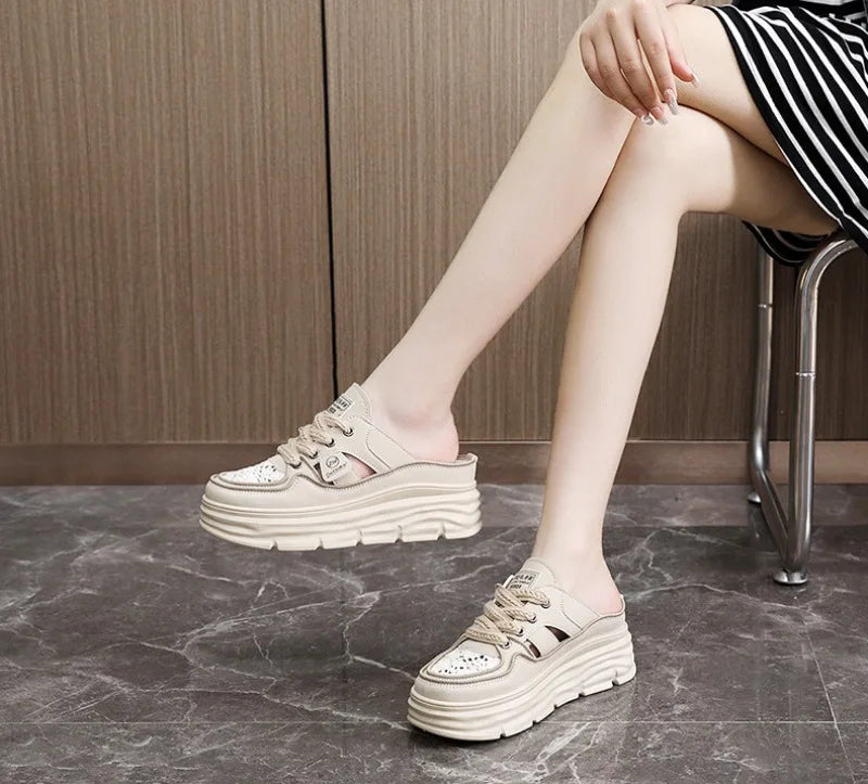 Summer New Women's Sandals Fashion Breathable Increase Baotou Semi-slippers Women Small White Shoe Sexy Dress Sandals Zapatillas