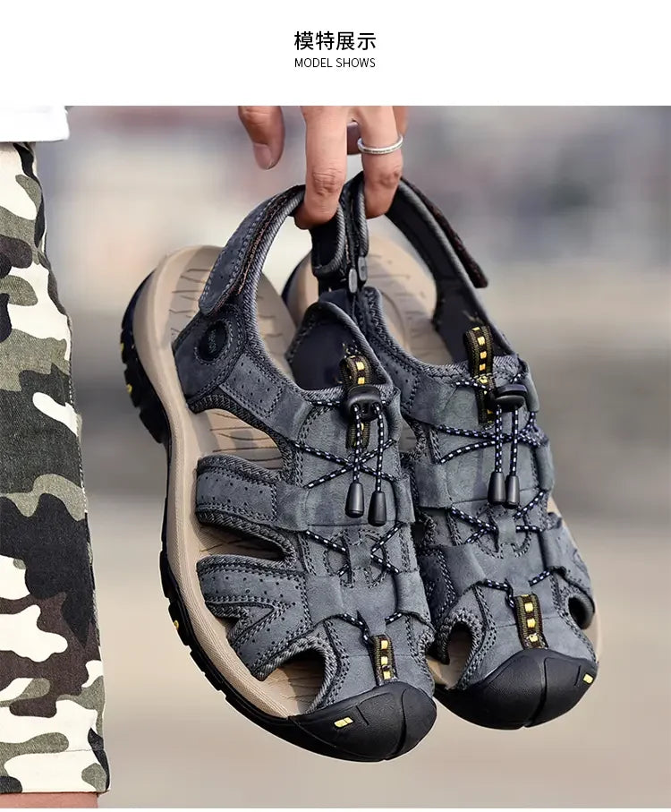 Summer Sandals Men's Baotou Beach Shoes Soft Soled Leather Anti Slip Outdoor Hollow Breathable Daily Casual Men's Shoes Slippers