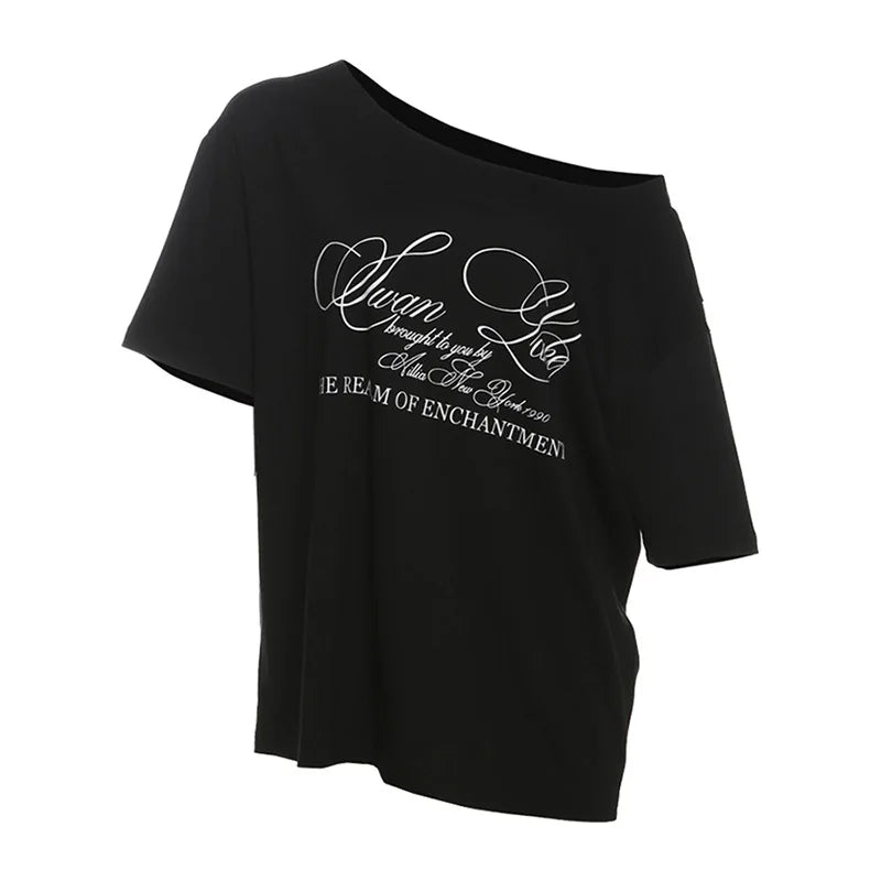 Oversized T Shirts For Women Streetwear Inclined Collar Y2k Top Letters Printing Camisetas Short Sleeve Ropa Mujer Summer Outfit
